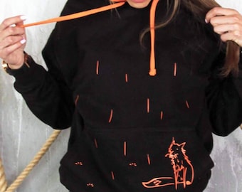 Fox Hoodie Unisex | Funky Animal Hoodie with Hand Drawn Art | Black Hoodie with Orange Detail | Gift for Fox Lovers