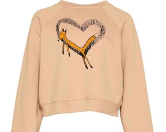 Cropped Jumper women girlfriend gift fox heart sweatshirt sand