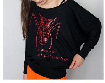 Off shoulder top, twin peaks shirt, the owls are not what they seem, spooky blouse, hand drawn flowy shirt