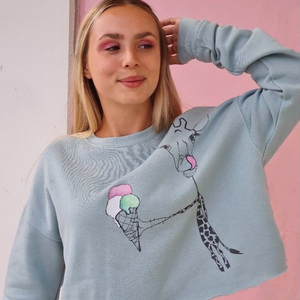 Cropped women jumper mint ice cream top giraffe women sweatshirt painted