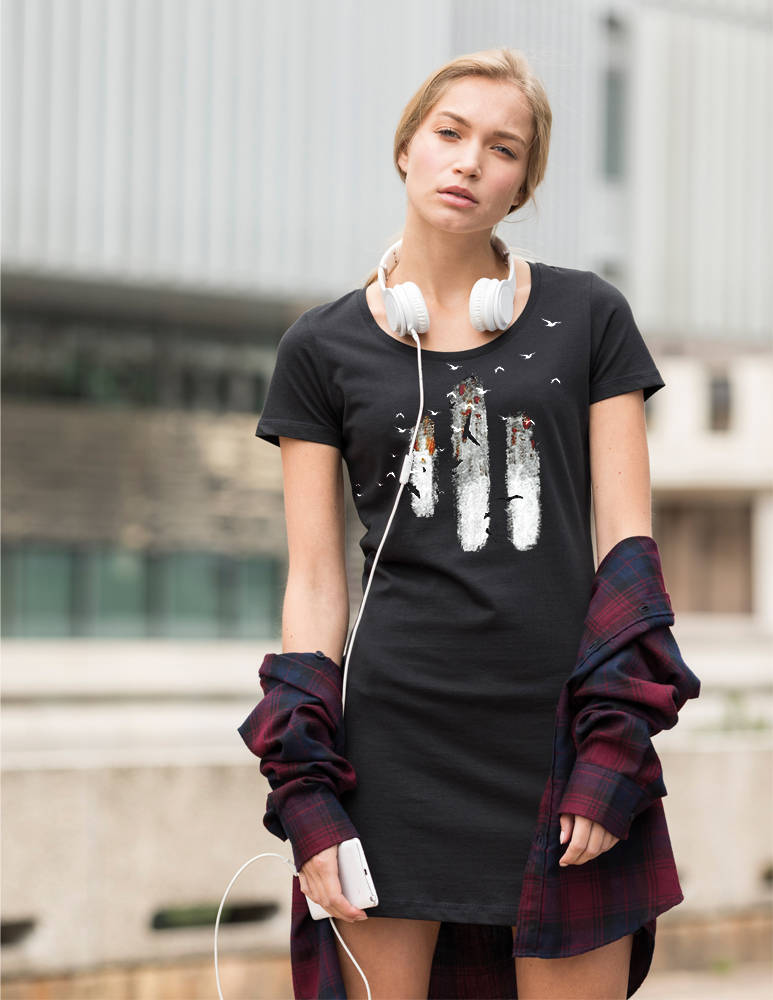 Image of Birds T Shirt Dress, Hand Painted Apparel, Women Tee Artsy Clothing, Mini Tunic Dress