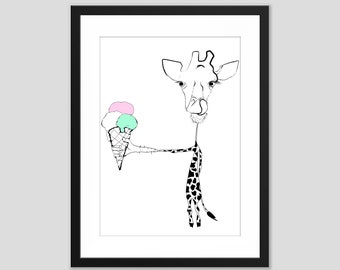 Giraffe ice cream print, wall art, cute print, home decor, summer print, A4 paper print