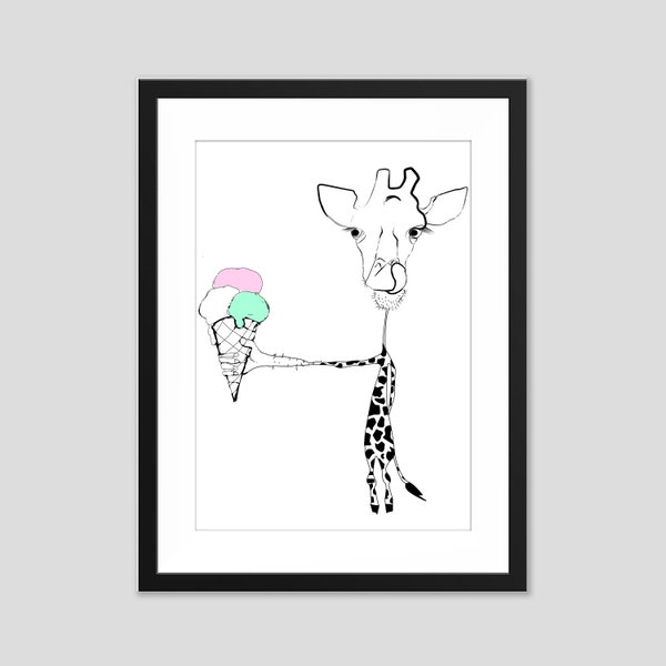 Giraffe ice cream print, wall art, cute print, home decor, summer print, A4 paper print