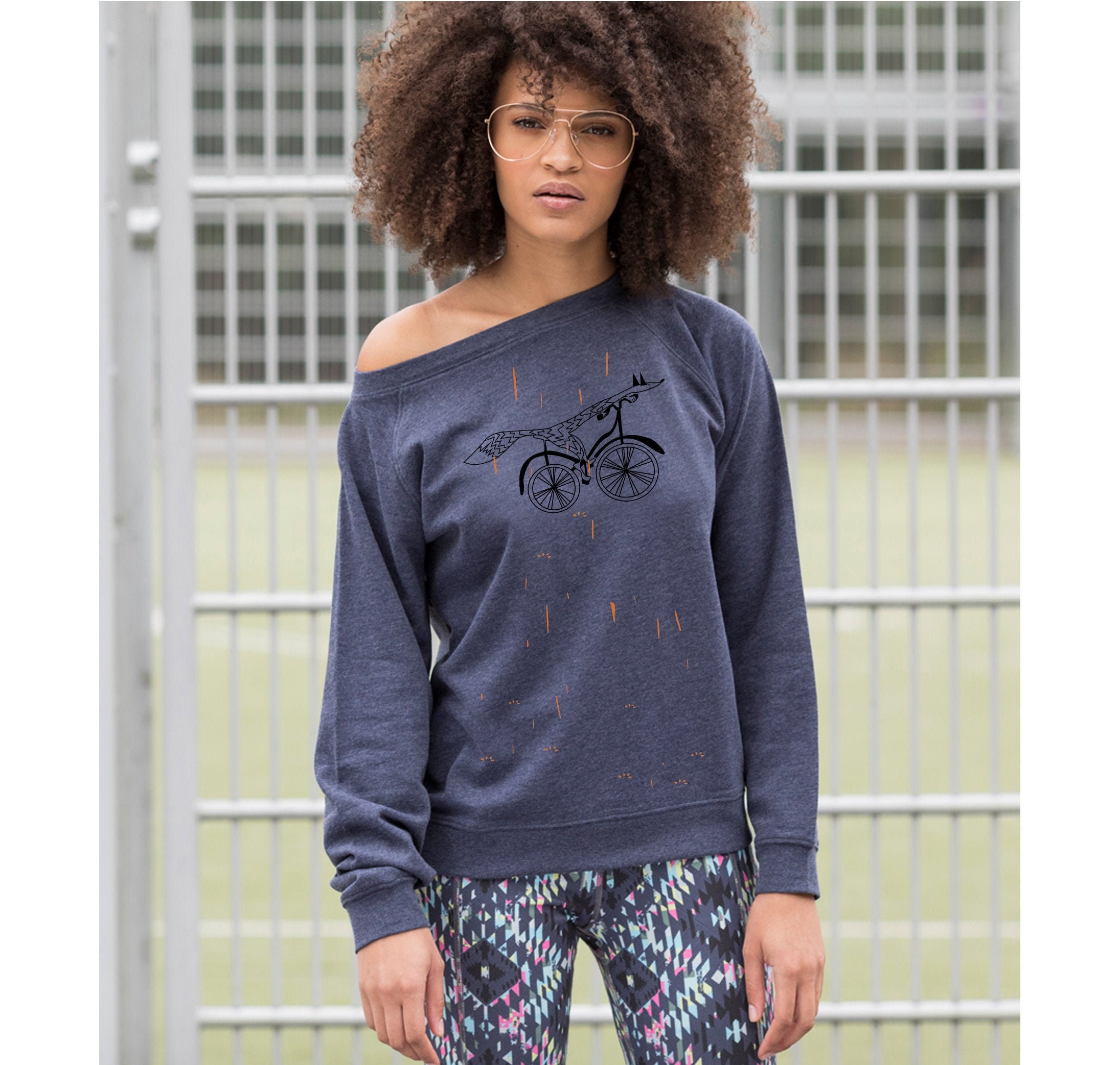 Image of Wide Neck Jumper, Fox Ladies Sweatshirt, Navy Marl Pullover, Funky Women Artsy Off Shoulder Top