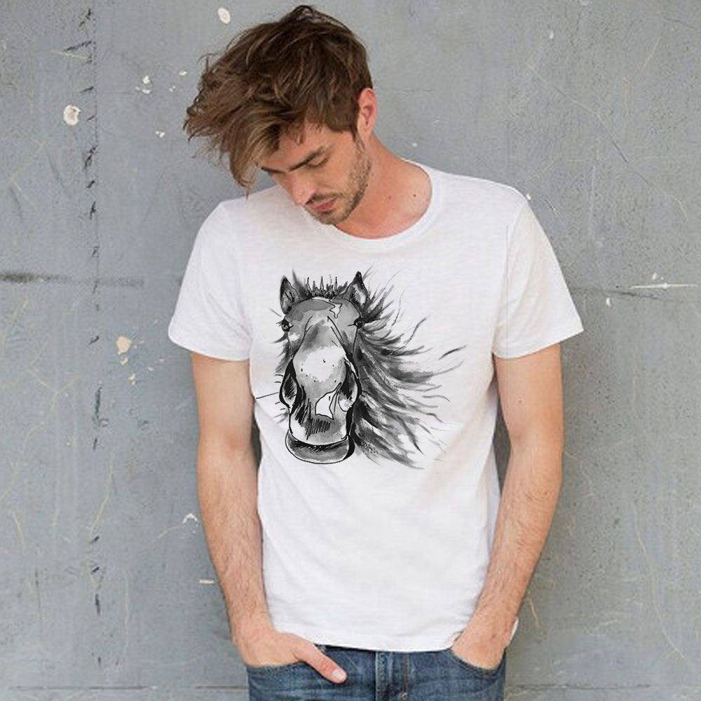 Image of Painted Horse T-Shirt, Mustang Tee, Animal Shirt, Gift For Lover, Hand Painted Clothing, Artsy Men Shirt