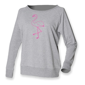 Women flamingo sweatshirt cotton grey neon pink print jumper for her