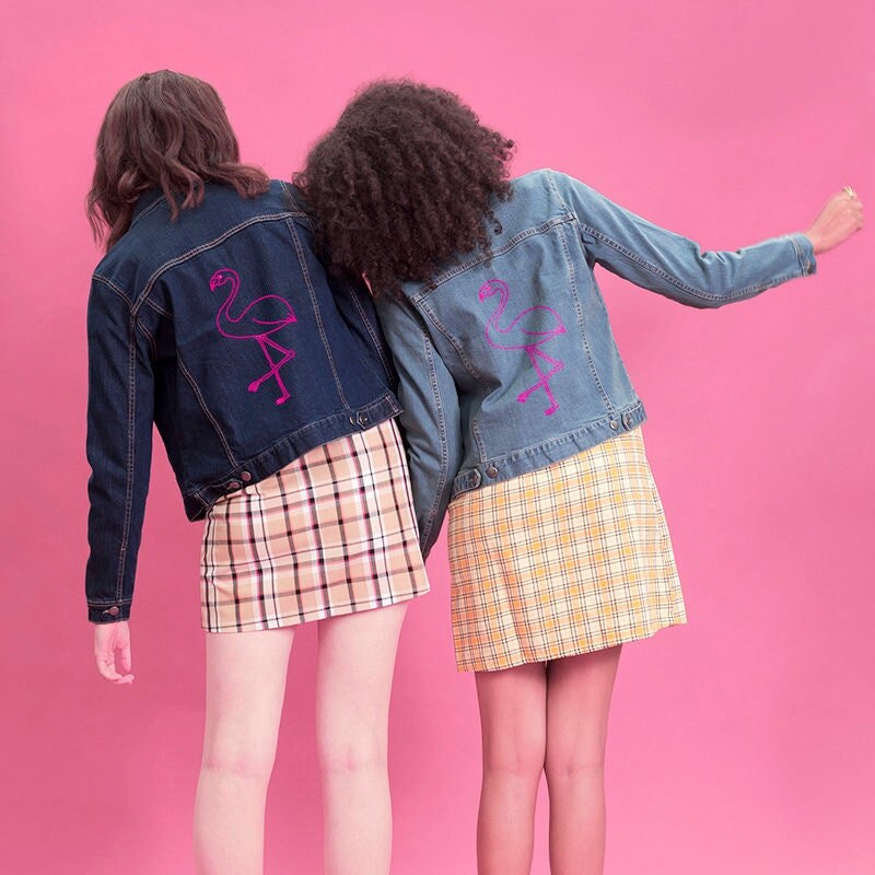 Black Jean Jacket Women Neon Flamingo Jacket Denim Etsy Canada