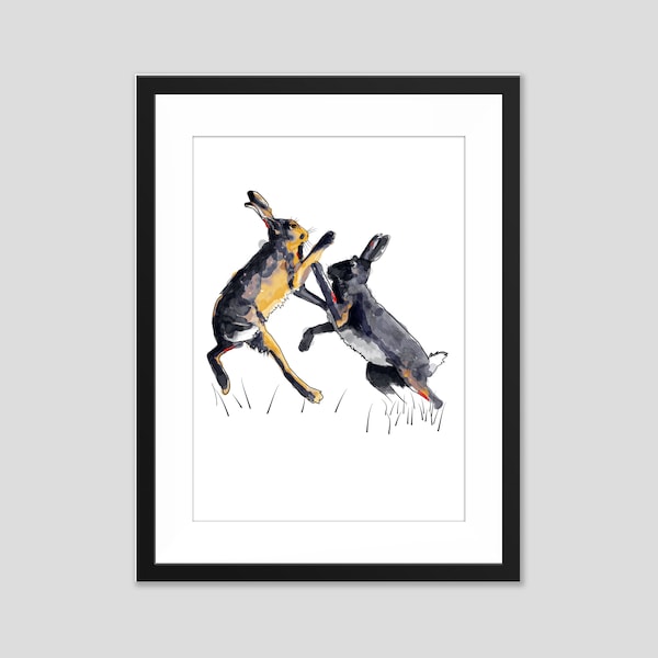 Animal wall art kids room décor boxing hares watercolour print A4