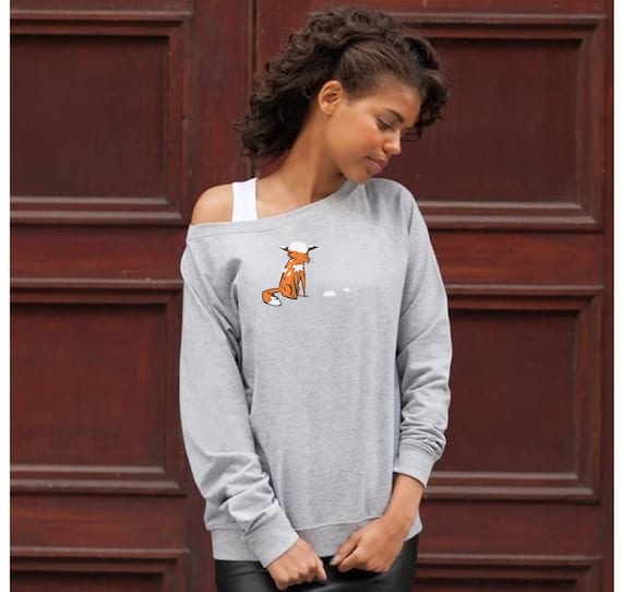 Off the Shoulder Sweat Fox Jumper Grey Cotton Sweatshirt Loose Fit