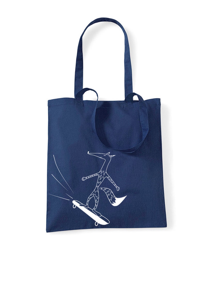 Skater fox tote, skateboard bag, shopper bag, canvas tote, blue fox bag image 1