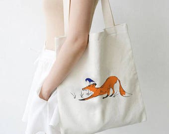 Shopper tote bag, cotton shopping bag, fox tote, hand painted art