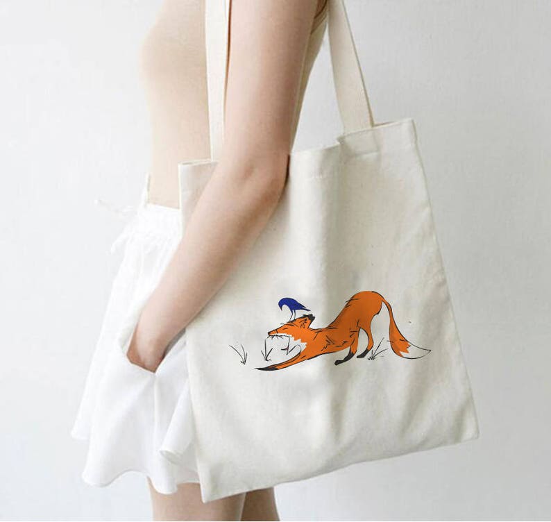 Shopper tote bag, cotton shopping bag, fox tote, hand painted art image 1