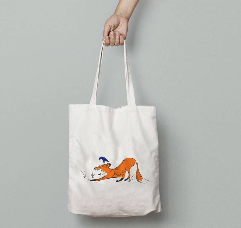 Shopper tote bag, cotton shopping bag, fox tote, hand painted art image 2