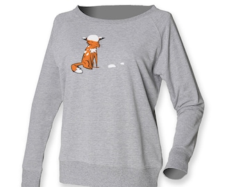 Women sweater fox jumper ladies grey cotton sweatshirt loose fit top lady fox sweater