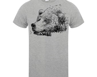 Bear men t-shirt grey shirt gift for him hand drawn arty tee shirt