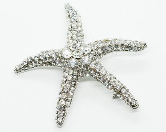 Starfish brooch, Silver rhinestone brooch, beach wedding brooch, nautical crystal brooch, star fish ocean brooch, wedding bouquet jewelry