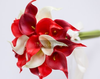 Calla lily bouquet, Red and ivory calla lilly wedding bouquet, small simple bridal bouquet, bridesmaid bouquet, ready to ship bouquet