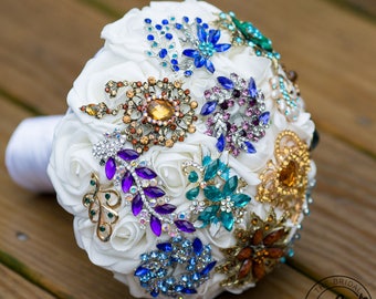 Boho Brooch bouquet, peacock brooch wedding bouquet, broach bouquet, purple teal gold bridal bouquet, jeweled bouquet, indie boho wedding