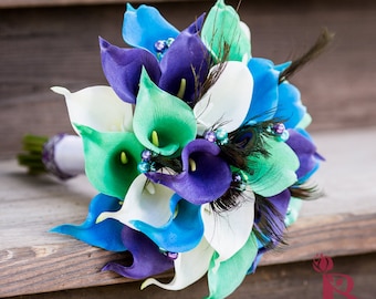 Peacock wedding bouquet, purple and blue wedding bouquet, calla lily bridal bouquet with peacock feathers, purple and teal mermaid bouquet