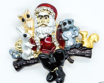 Santa claus brooch, holiday brooch, new year santa brooch, enameled old fashioned brooch, christmas theme brooch, santa sitting on a log