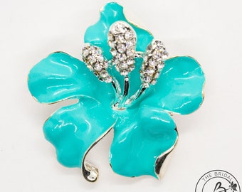 enamel flower brooch hibiscus brooch pin magnolia rose brooch spa blue brooch Aqua flower brooch teal bridal brooch Turquoise brooch