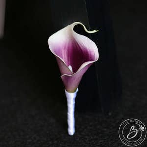 Calla lily wedding boutonniere, mens wedding button hole, prom boutonniere, wedding corsages, wedding boutonnieres, purple calla lily pin image 4