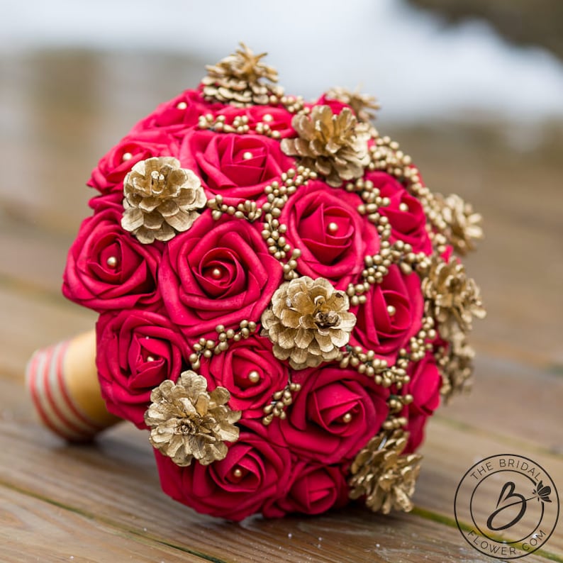 Red and Gold Winter Wedding Bouquet Winter Bridal Bouquet Etsy
