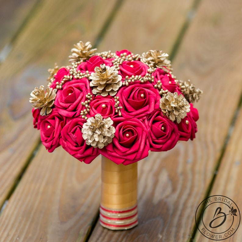 Red and Gold Winter wedding bouquet winter bridal bouquet