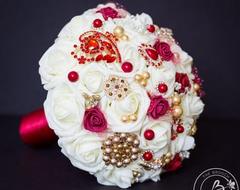 Brooch wedding bouquet, red and gold bouquet, broach bridal bouquet, jeweled bouquet, burgundy bouquet, dark red gold brooch bouquet