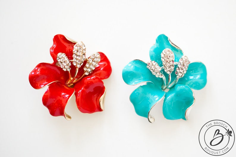 enamel flower brooch hibiscus brooch pin magnolia rose brooch spa blue brooch Aqua flower brooch teal bridal brooch Turquoise brooch