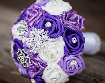 Purple brooch bouquet, broach bouquet, purple roses and silver brooches bouquet, purple bridal bouquet, lavender bouquet, glitter bouquet