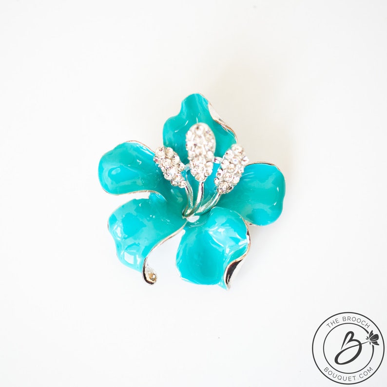 enamel flower brooch hibiscus brooch pin magnolia rose brooch spa blue brooch Aqua flower brooch teal bridal brooch Turquoise brooch