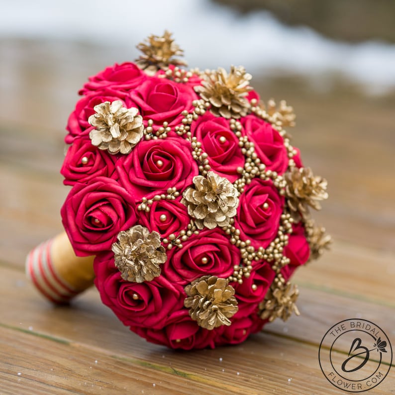 Red and Gold Winter wedding bouquet winter bridal bouquet