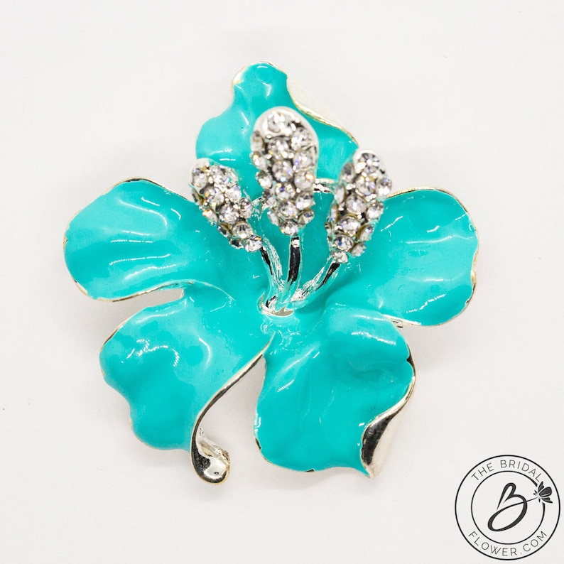 enamel flower brooch hibiscus brooch pin magnolia rose brooch spa blue brooch Aqua flower brooch teal bridal brooch Turquoise brooch
