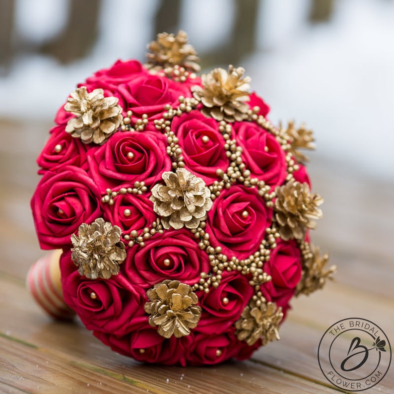 Red and Gold Winter wedding bouquet winter bridal bouquet