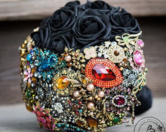 Renaissance bouquet, brooch bouquet, medieval wedding bouquet, broach bouquet, black rose bouquet, crescent moon bouquet, rainbow bouquet