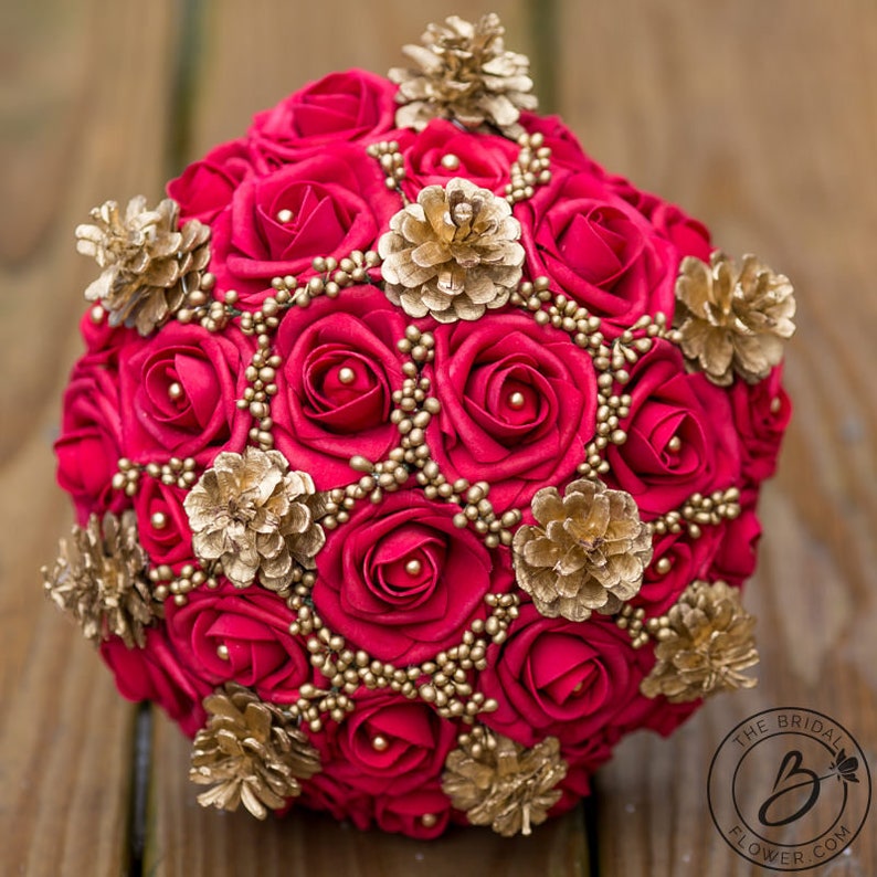 Red and Gold Winter wedding bouquet winter bridal bouquet