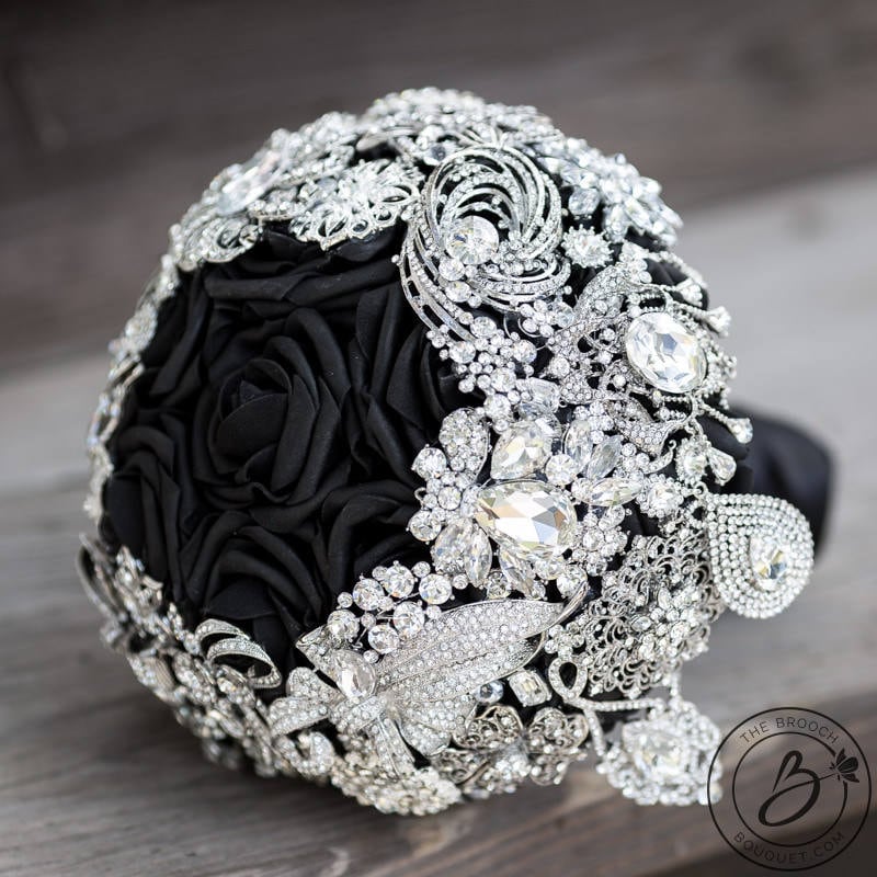 Black and Silver Brooch Bouquet, Cascading Brooch Wedding Bouquet