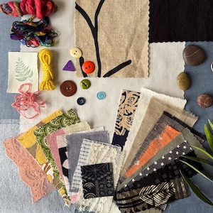 Botanical Blush — Slow Stitching Fabric Kit with Vintage Lace, Earthy Threads & Textures|Fabric Scrap Pack for Textile Art|Mending|Sashiko