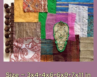 Indian Textile Fabric Bundle: Metallic Brocade Mix for Collage & Slow Stitching