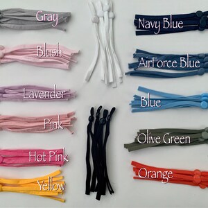 May include: Assortment of 12 colors of elastic mask straps with adjustable toggles. Colors include gray, blush, lavender, pink, hot pink, yellow, navy blue, air force blue, blue, olive green, and orange.