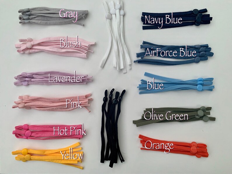 May include: Assortment of 12 colors of elastic mask straps with adjustable toggles. Colors include gray, blush, lavender, pink, hot pink, yellow, navy blue, air force blue, blue, olive green, and orange.