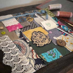 Slow Stitching Fabric Kit–Muted Mosaic Bundle with Textures & Vintage-Inspired Details | Junk Journal Kit| Sashiko| Boro Art| Textile Art