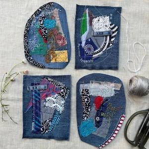May include: Four fabric patches featuring layered denim, floral prints, lace, and geometric patterns with visible hand-stitched embroidery. The collection includes two rectangular and two rounded shapes, accompanied by a spool of silver thread and scissors.