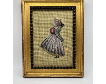 Handmade Antique 19th Century Needlepoint Portrait | Ornate Gilt Frame | Victorian Embroidery Wall Art