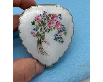 Vintage LaMode Enamel Guilloche Powder Compact Blue Heart Flowers Orig Deco READ