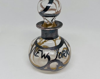 Late 19thC Art Nouveau Glass Perfume Bottle RARE New York Sterling Silver Overlay 3”
