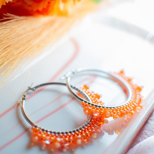 Handmade Genuine Opal & Orange Aventurine Earrings Seed Bead Beaded Gemstone Hoop Earrings 40mm Artisan