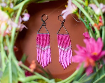 Blush Bloom Fringe Earrings | Handwoven Pink Beaded Statement Handmade Boho Native