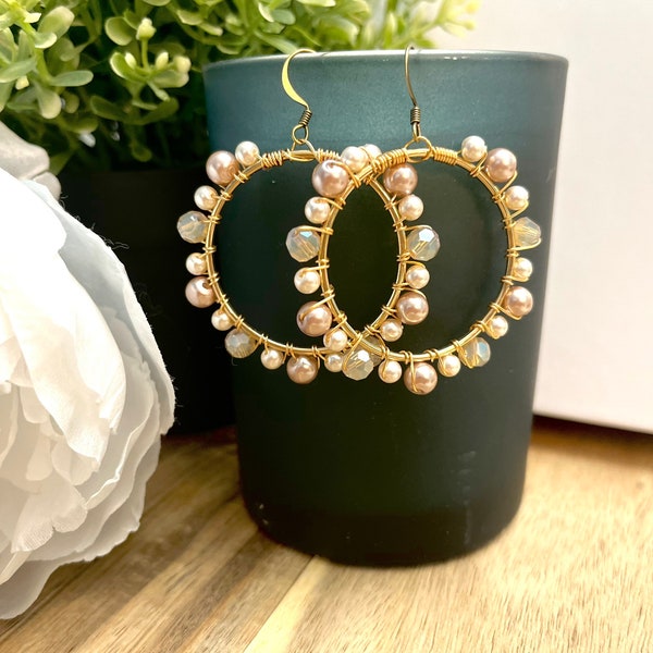 Beaded Soft Caramel Pearl Hoop Earrings, Pearl Hoop Earrings, Soft Caramel Hoop Earrings